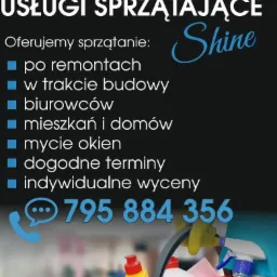 Ogłoszenie firmy sprzątającej z hasłem 'Czysty dom, to przyjazny dom', ofertą sprzątania po remontach, w trakcie budowy, biur, mieszkań i domów oraz mycia okien i numerem telefonu, a także wiadro...