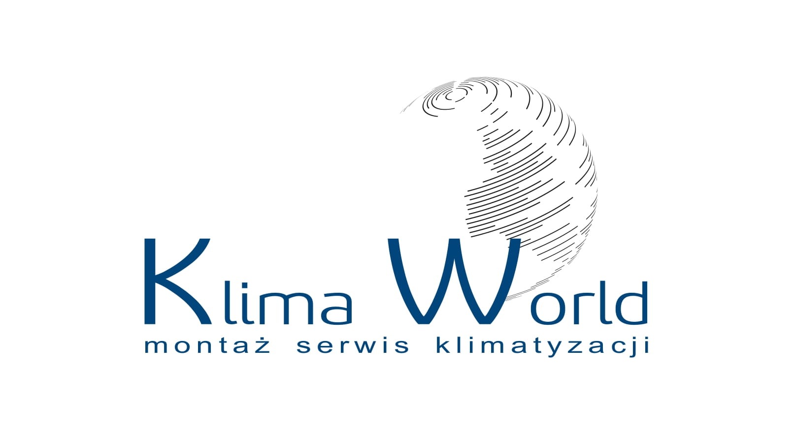 Logo firmy Klima World w kolorze niebieskim, oferującej montaż i serwis klimatyzacji, z abstrakcyjną grafiką globu ziemskiego w tle.