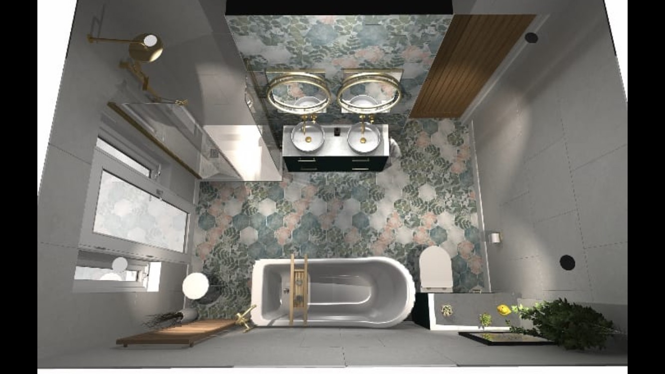 Wizualizacja łazienki z widokiem z góry: wanna, toaleta, umywalki z podwójną armaturą w złotych obręczach, okno, oraz akcenty roślinne.