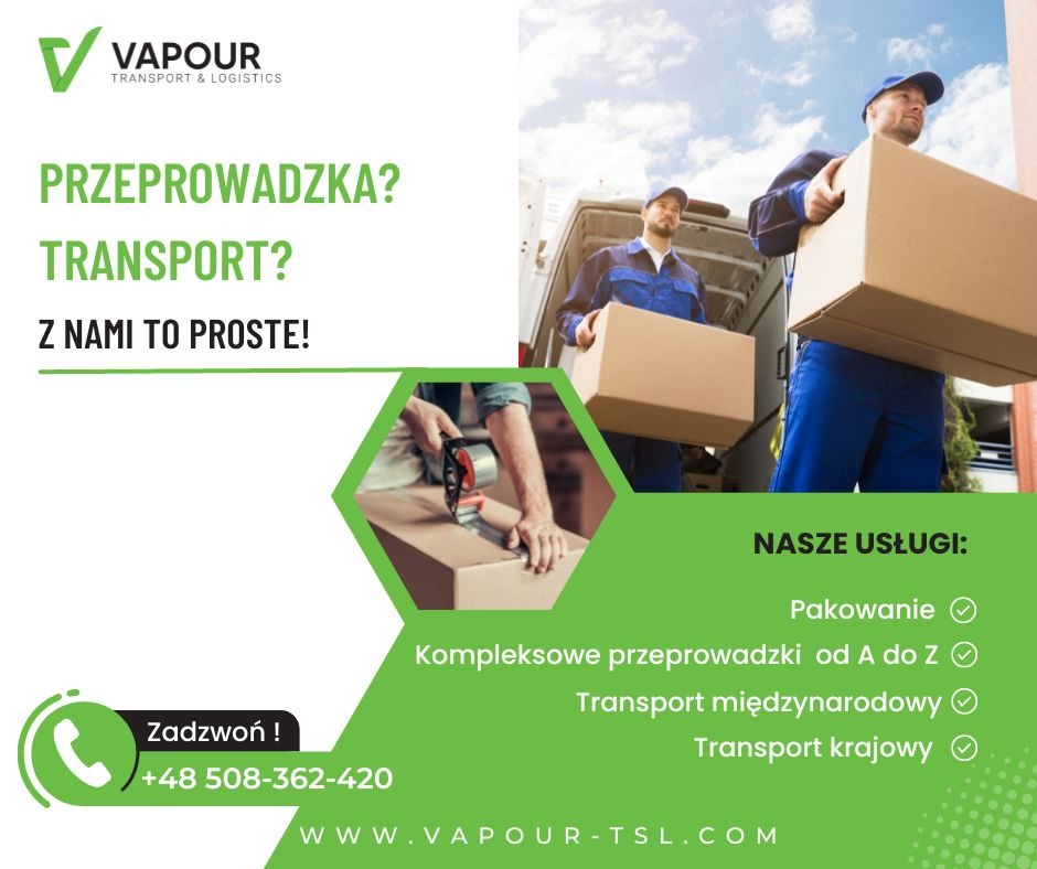 Mężczyźni w niebieskich kombinezonach przenoszą kartonowe pudła na tle białego busa, w lewym dolnym rogu dłoń zakleja pudło taśmą, obok logo firmy i hasło reklamowe.