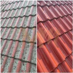 Porównanie dachu przed i po czyszczeniu: po lewej stronie dach pokryty mchem i zabrudzeniami, po prawej czysty, czerwony dach z połyskiem.