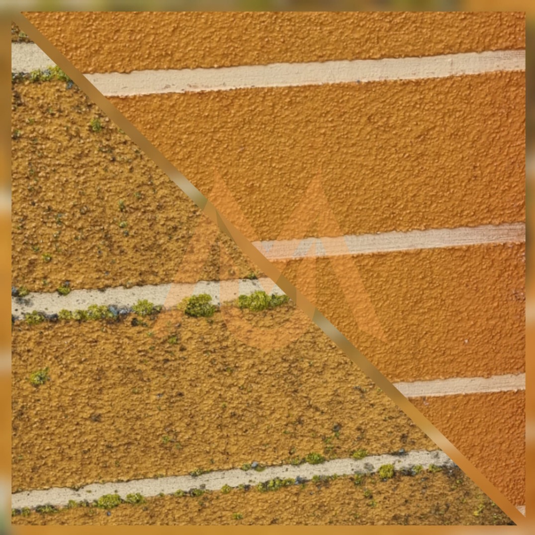 Porównanie czystej i zabrudzonej, pomarańczowej elewacji z poziomymi pasami, widok z bliska z lekkim efektem ziarna.