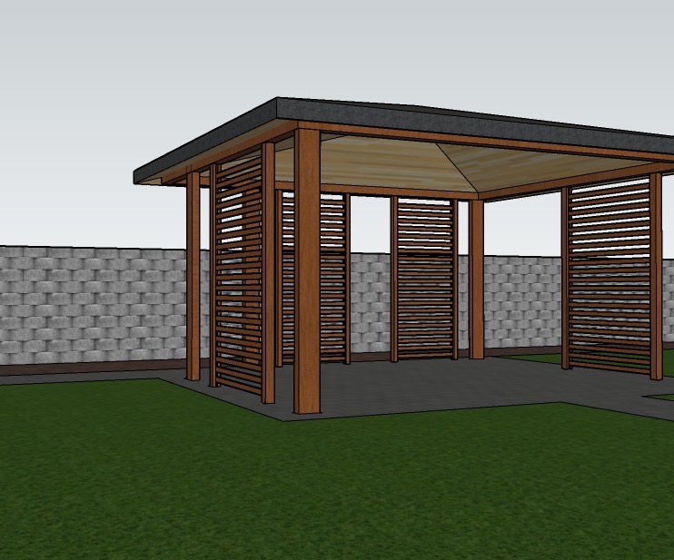 Wizualizacja projektu zadaszonego tarasu z drewnianymi panelami, widok z zewnątrz, z elementami trawnika i murowanego ogrodzenia w tle.