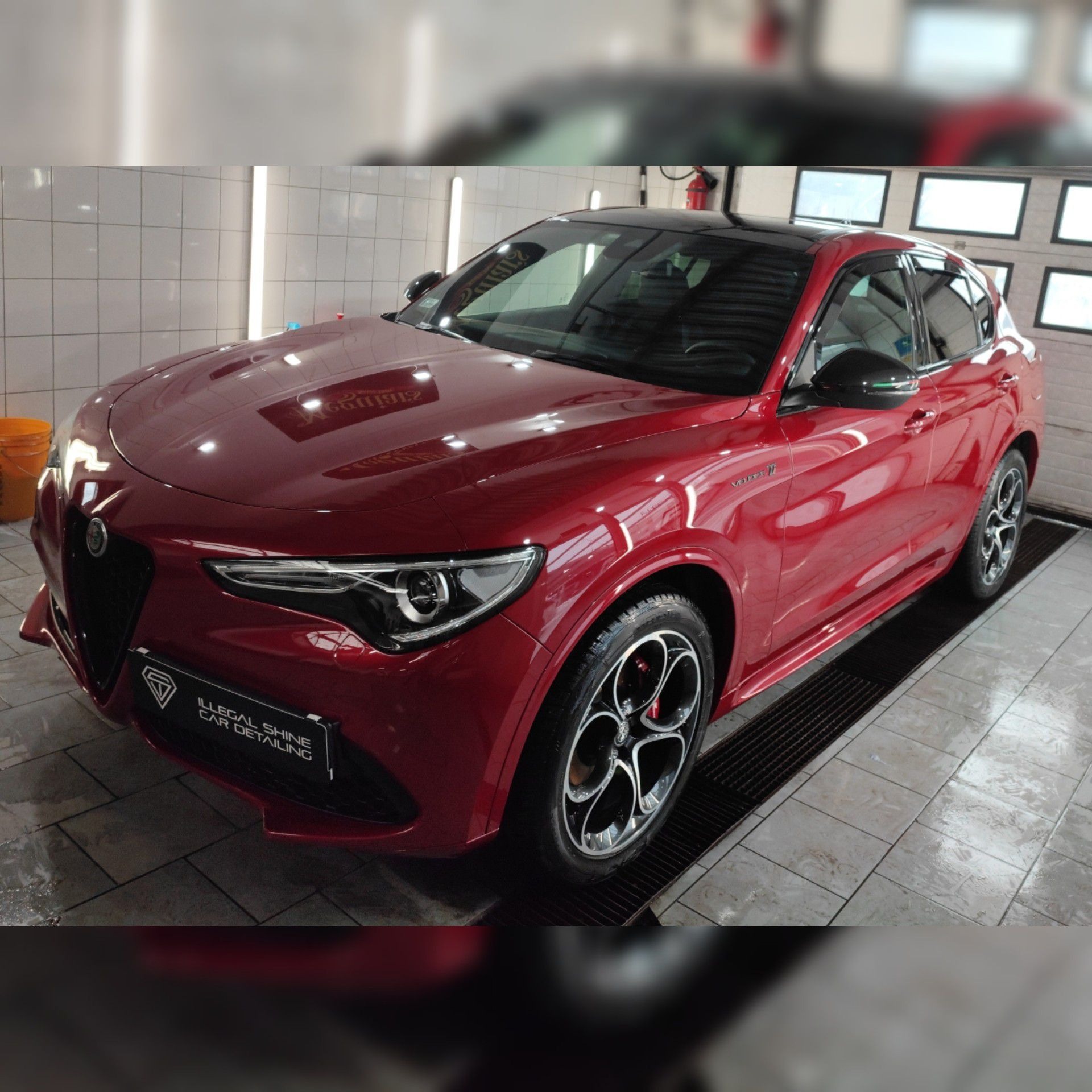Błyszczący, czerwony samochód Alfa Romeo Stelvio po zabiegach detailingowych, zaparkowany w jasnej myjni z logo 'Illegal Shine Car Detailing' widocznym na przednim zderzaku.