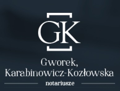 Logo Kancelarii Notarialnej Gworek, Karabinowicz-Kozłowska z inicjałami GK otoczonymi ramką, poniżej nazwa kancelarii i słowo 'notariusze' na ciemnym tle.