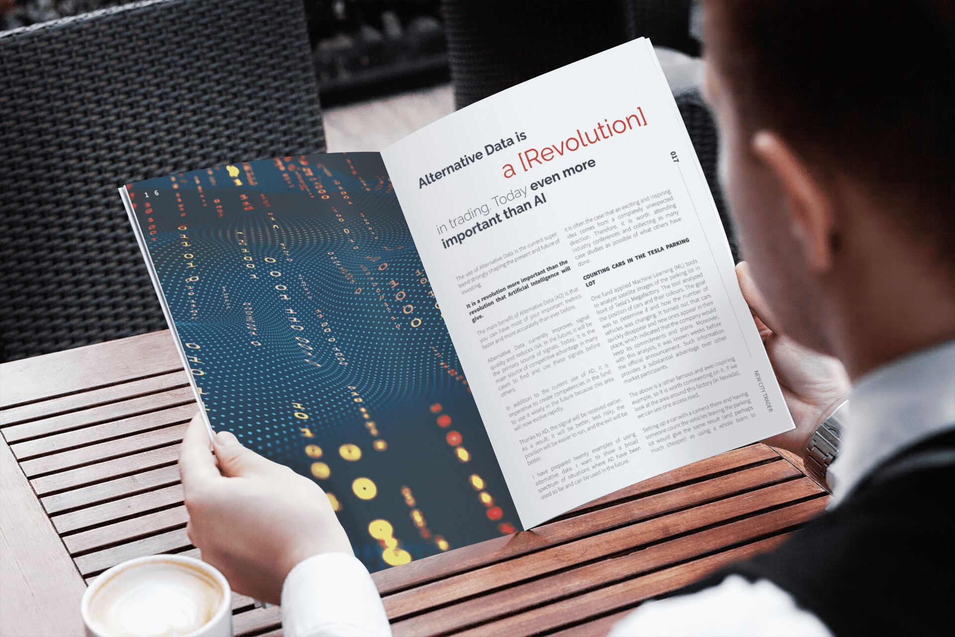 Otwarta gazeta na drewnianym stole prezentuje artykuł o danych alternatywnych, z abstrakcyjną grafiką binarną po lewej stronie. W tle widoczny kubek z kawą.