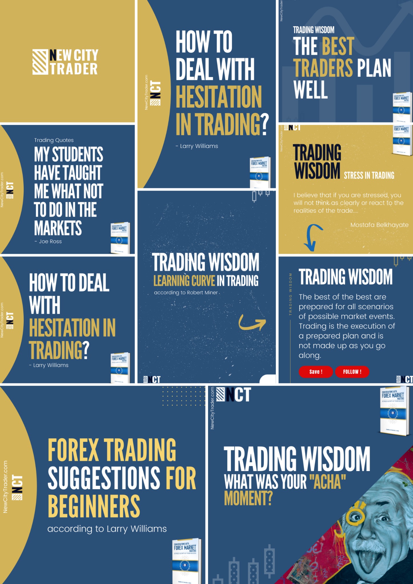 Collage of Forex trading tips and quotes with book covers and a graffiti-style portrait of Albert Einstein with a monocle.
