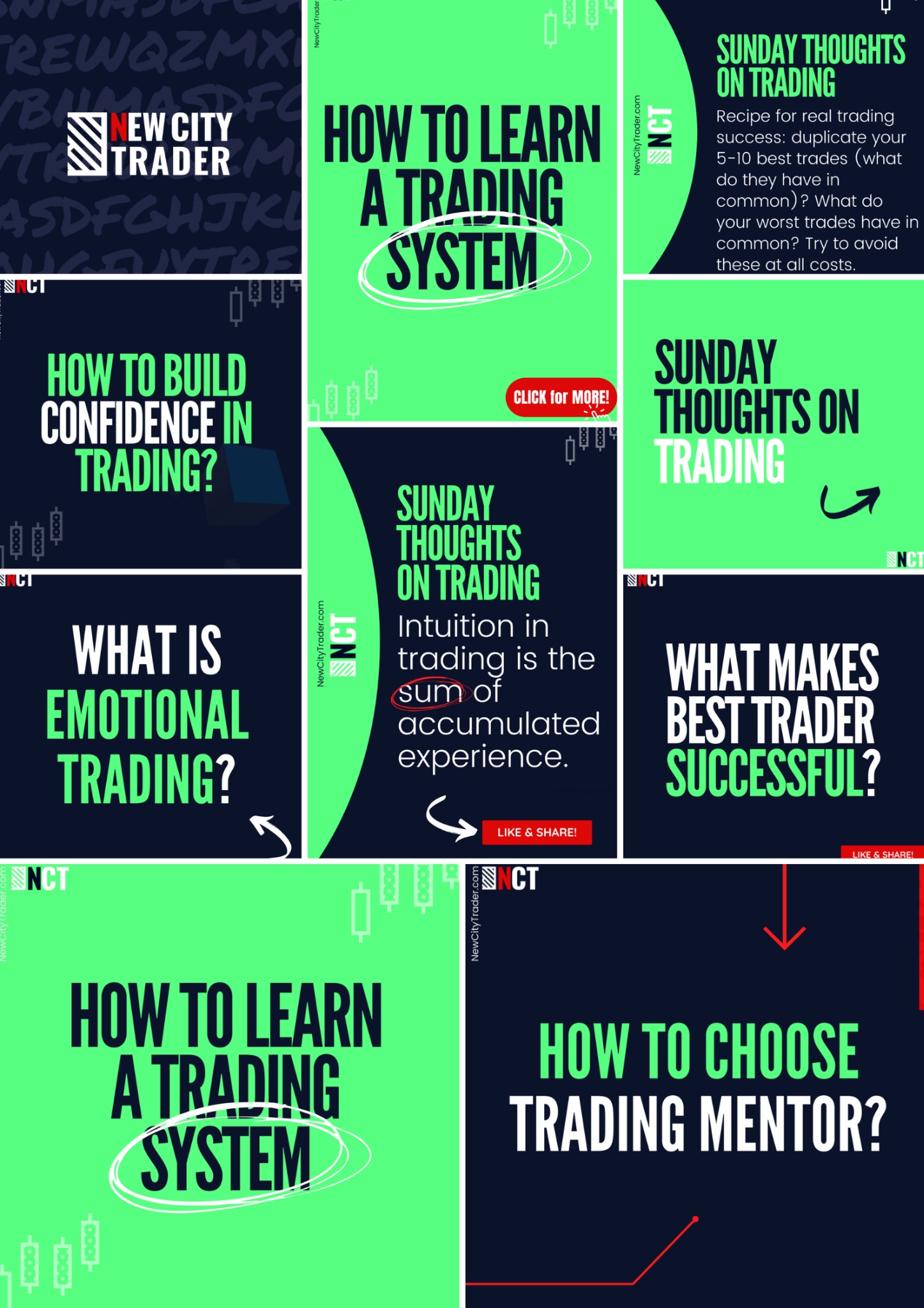 Kompozycja grafik z poradami dotyczącymi tradingu, w odcieniach zieleni i granatu, z hasłami typu: Jak nauczyć się systemu tradingowego, jak zbudować pewność w tradingu, co to jest emocjonalny...