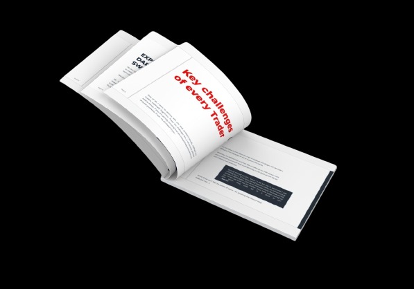 Otwarty, drukowany dokument z tekstem 'Key challenges of every Trader' pisanym na czerwono, widoczne kolejne strony z tekstem, czarne tło.