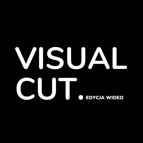 Logo firmy Visual Cut - Edycja Wideo, biały tekst na czarnym tle.