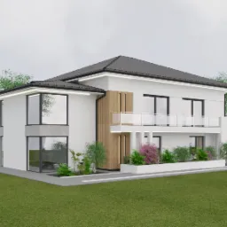 Wizualizacja dwukondygnacyjnego, nowoczesnego domu z białymi ścianami, drewnianą okładziną elewacyjną, balkonem z balustradą ze szkła, dużymi oknami z szarymi ramami i oświetleniem LED pod dachem.