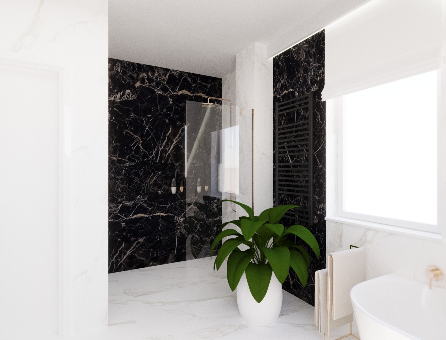 łazienka biel i czerń marmur
