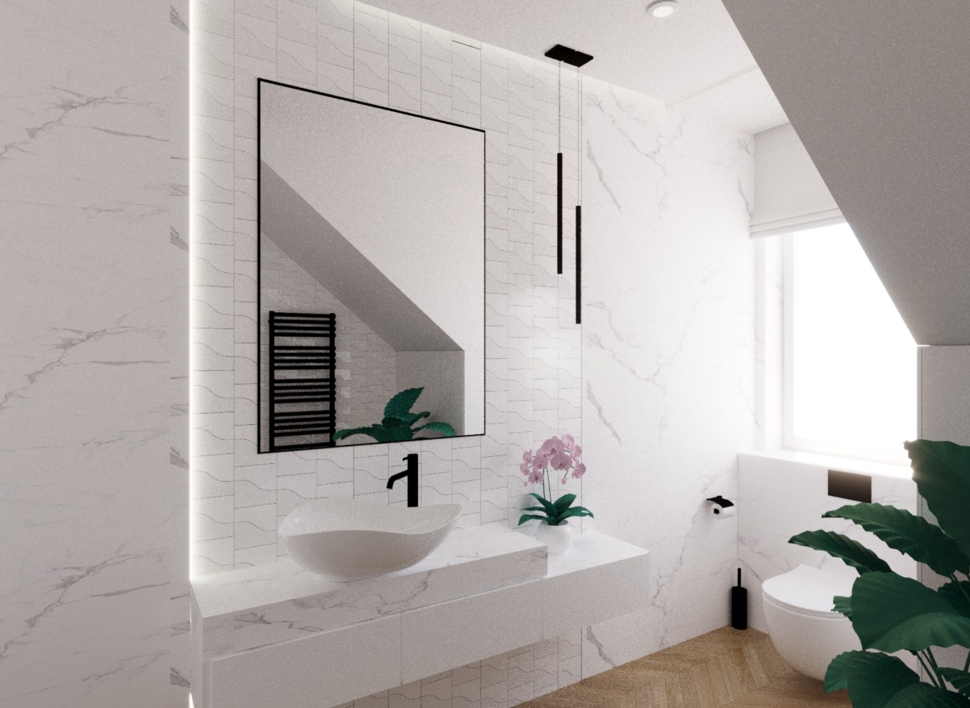 Mała toaleta z efektem marmuru i elementami czerni.