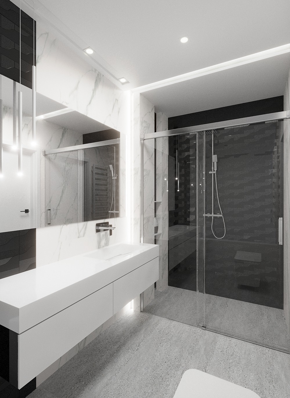 Nowoczesna łazienka w bieli i czerni z marmurowymi akcentami, minimalistyczna umywalka z szafką, przeszklona kabina prysznicowa z deszczownicą, oświetlenie LED i podwieszane lampy.