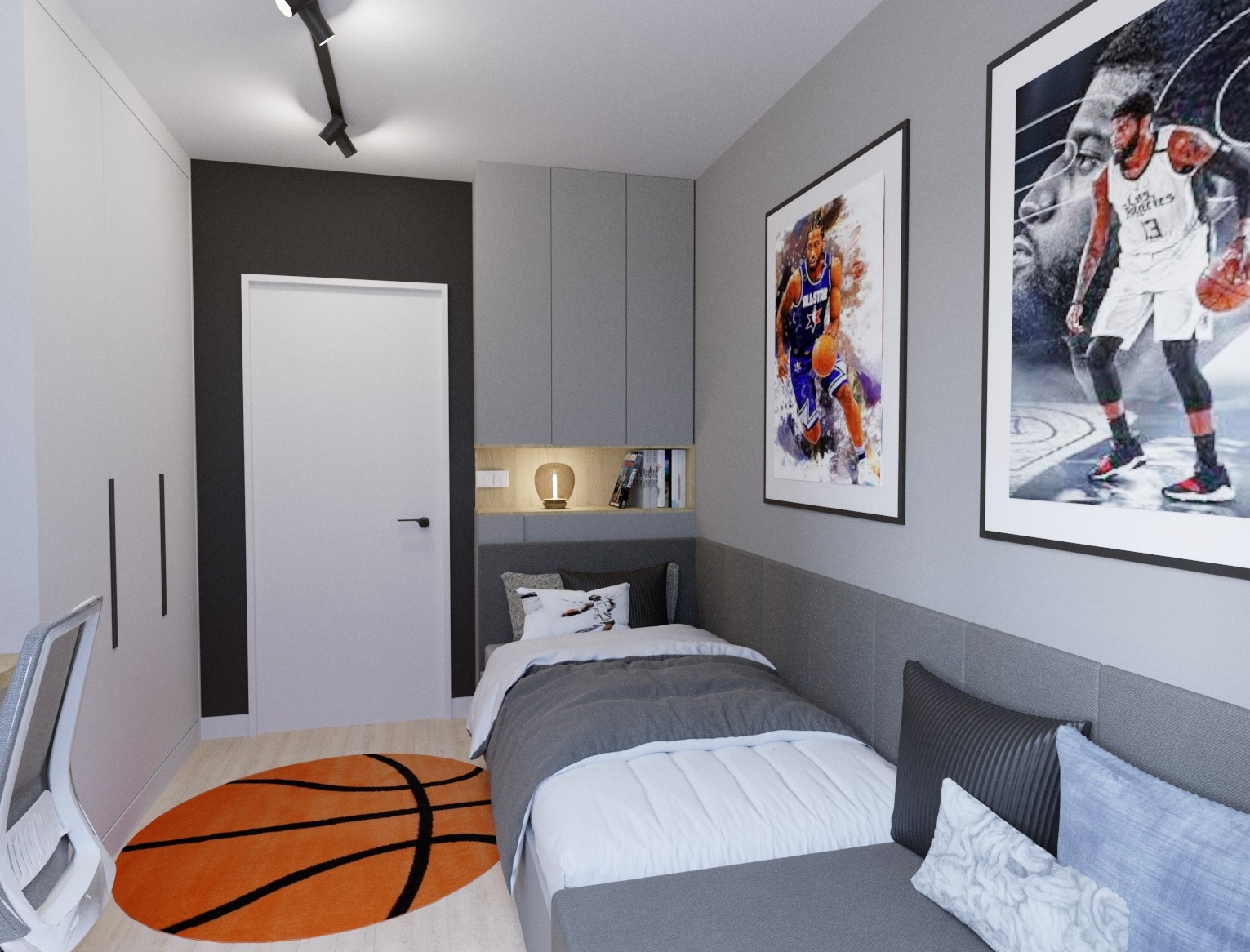 Pokój młodzieżowy w Jasionce z łóżkiem, biurkiem i szafą w stonowanej kolorystyce, z pomarańczowym dywanem w kształcie piłki do koszykówki i plakatami koszykarzy na ścianie.