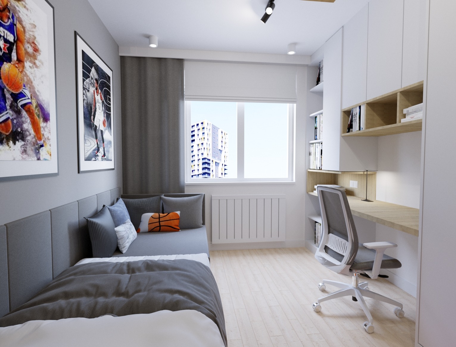 Pokój młodzieżowy z szarą sofą, biurkiem z półkami i plakatami koszykarzy na ścianach, oświetlony punktowo.