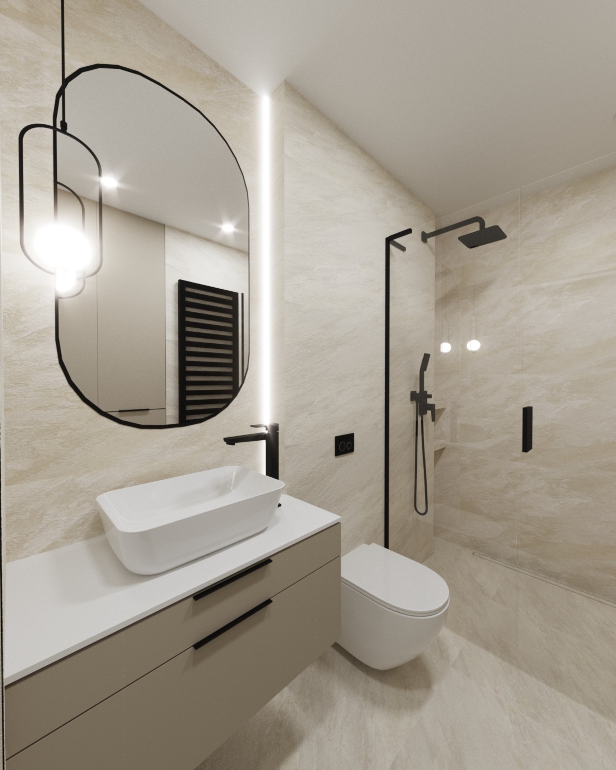 Nowoczesna łazienka w beżowych odcieniach z owalnym lustrem podświetlonym LED, białą umywalką nablatową na szafce z szufladami, czarną armaturą i kabiną prysznicową typu walk-in.