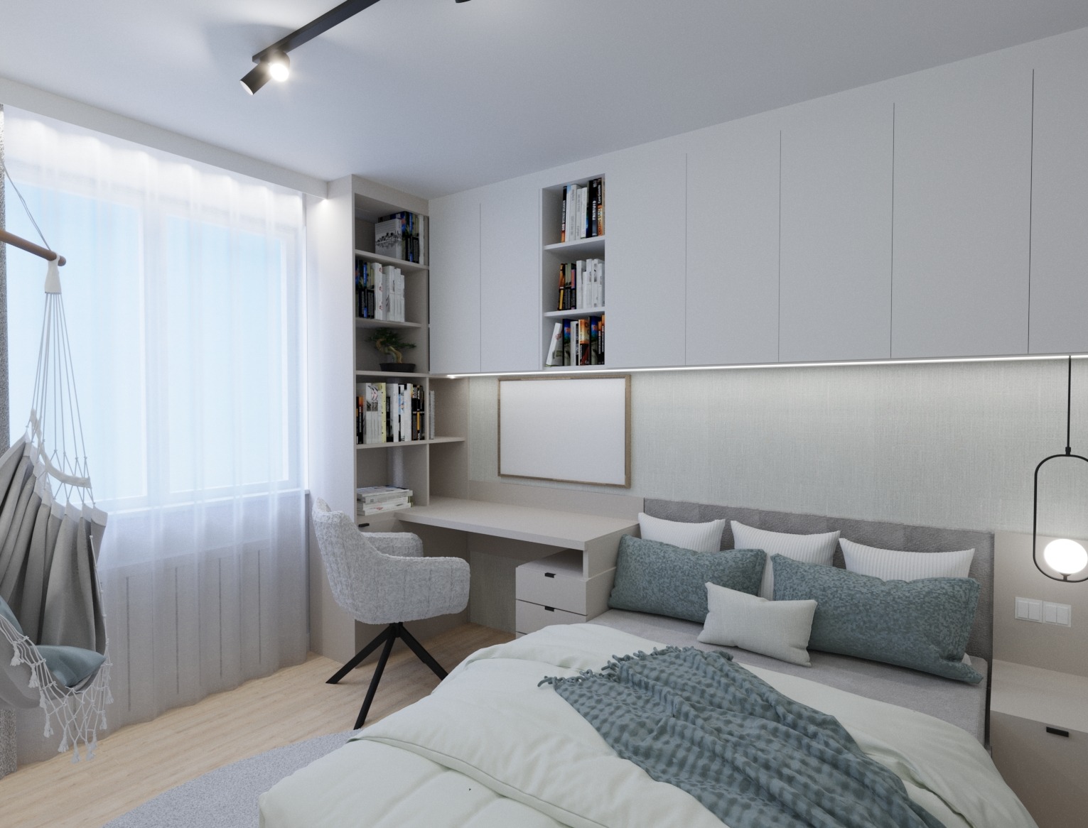 Jasna sypialnia z miejscem do pracy: biurko z krzesłem, półki z książkami, wiszący fotel hamakowy przy oknie, łóżko z niebieskimi poduszkami i narzutą.