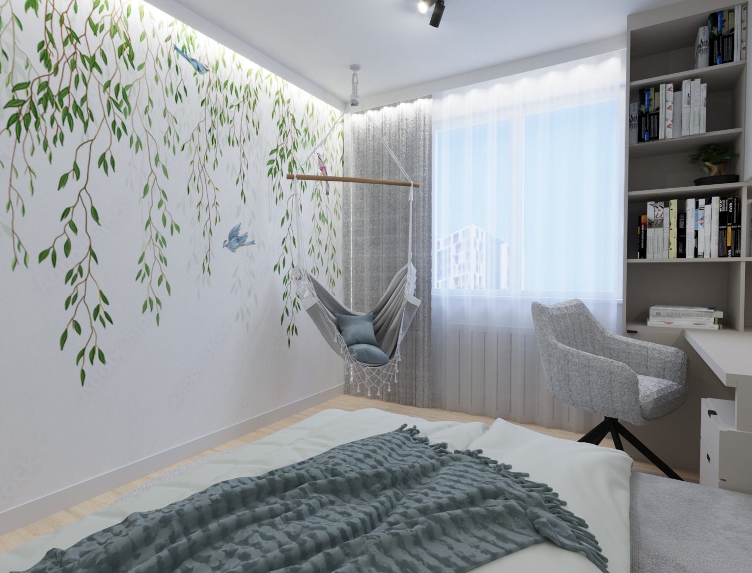 Pokój młodzieżowy z łóżkiem przy ścianie z motywem zielonych pnączy i ptaków, szary hamak fotel zawieszony na drewnianym drążku, biurko z krzesłem i regał z książkami.