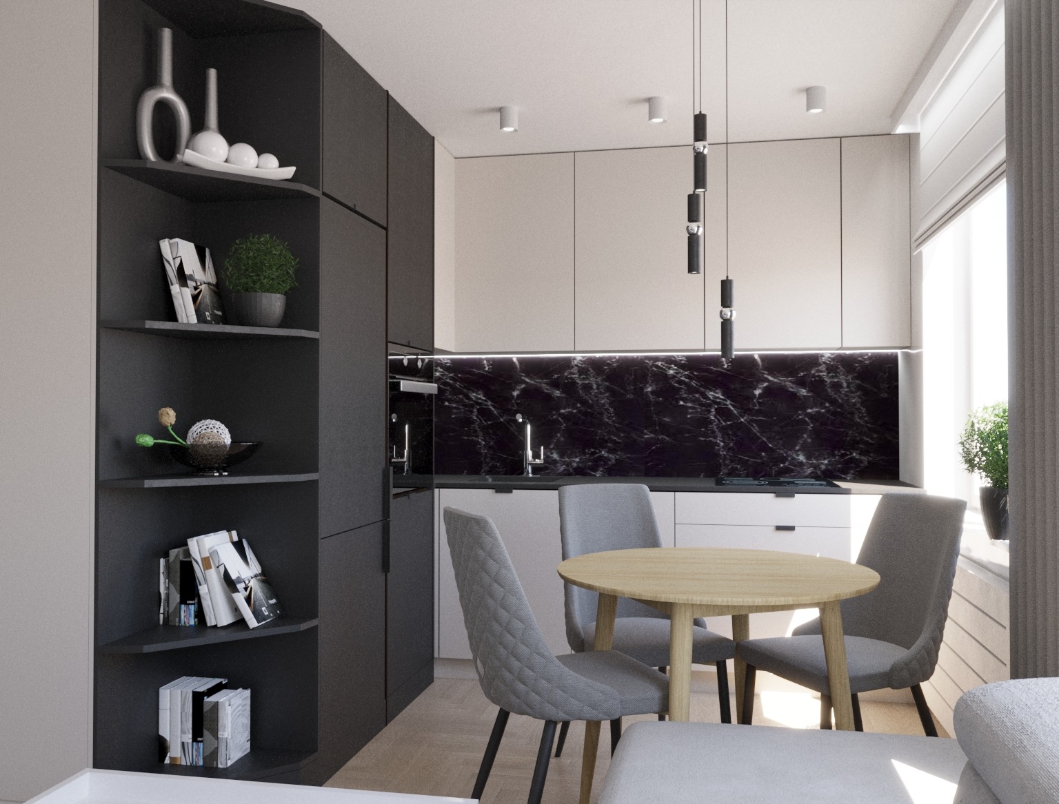 Wizualizacja nowoczesnej kuchni z czarnym marmurowym backsplashiem, okrągłym drewnianym stołem otoczonym przez trzy szare krzesła z pikowaniem, oraz czarnym regałem z dekoracjami i roślinami.