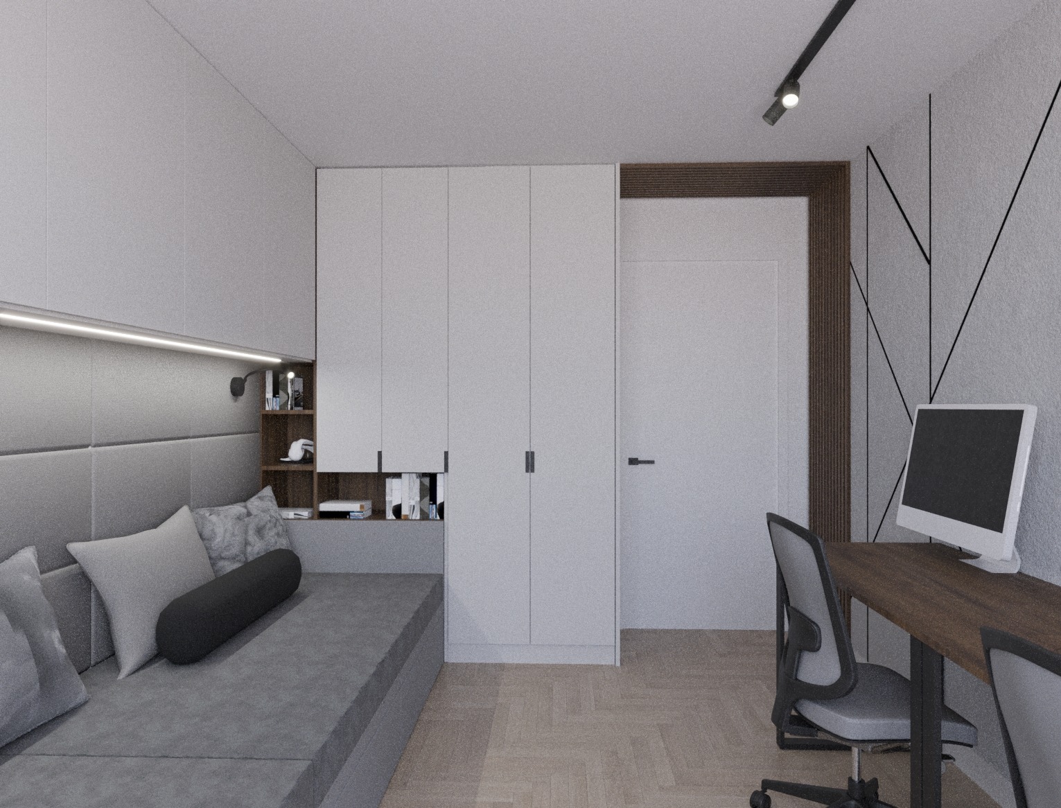 Wizualizacja pokoju młodzieżowego z szarą sofą, biurkiem z komputerem i zabudową meblową w odcieniach szarości i bieli z akcentami drewna.