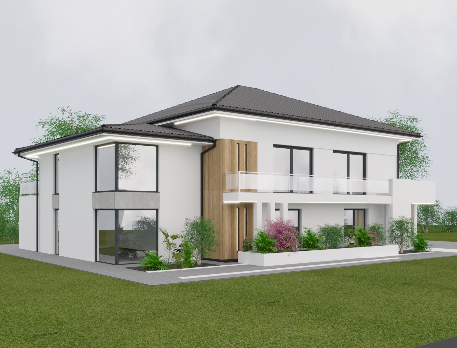 Wizualizacja dwukondygnacyjnego, nowoczesnego domu z białymi ścianami, drewnianą okładziną elewacyjną, balkonem z balustradą ze szkła, dużymi oknami z szarymi ramami i oświetleniem LED pod dachem.