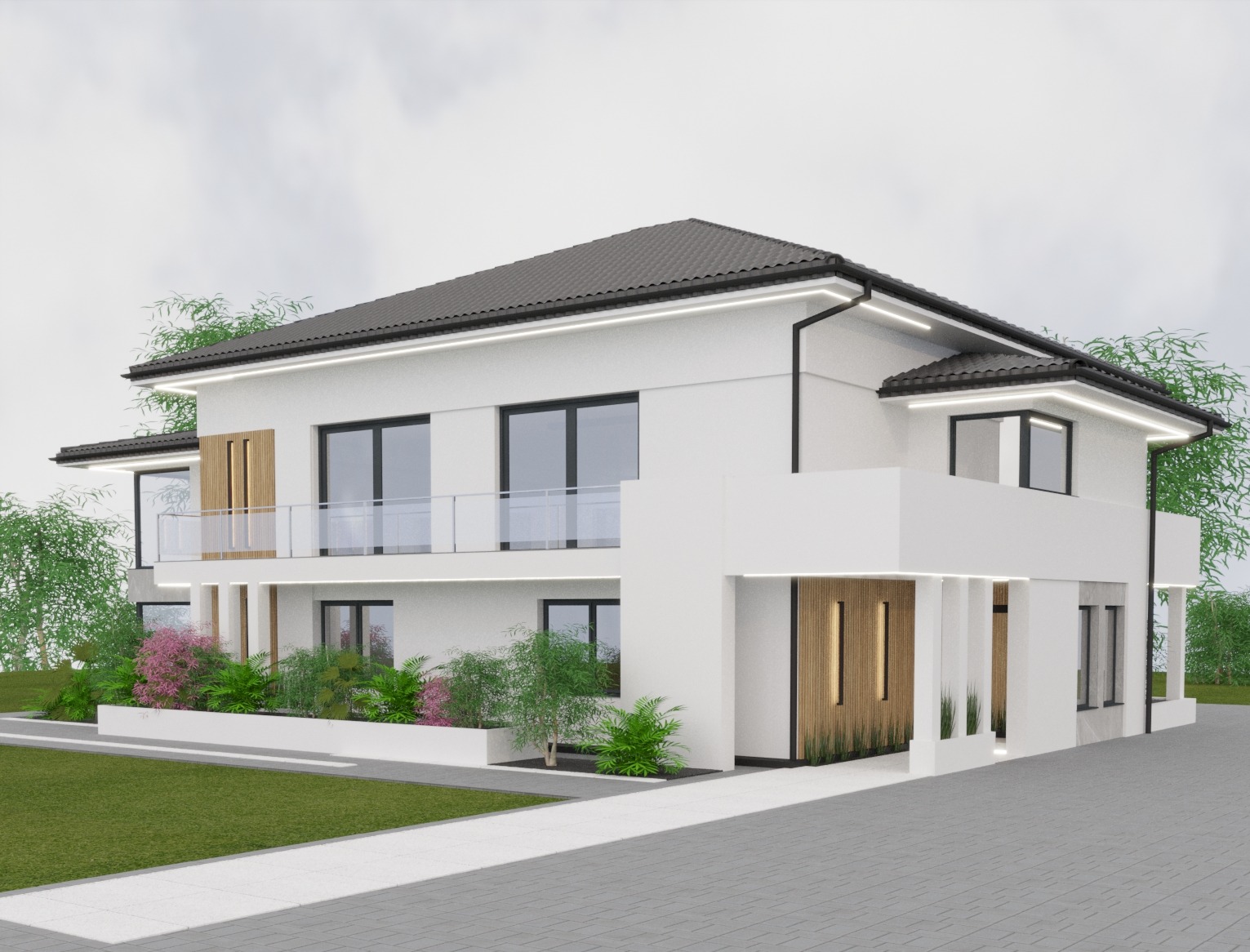 Wizualizacja nowoczesnego, dwukondygnacyjnego domu jednorodzinnego w Jasionce z płaskim dachem, białymi ścianami i drewnianymi akcentami przy wejściu i na balkonie. Oświetlenie LED podkreśla...