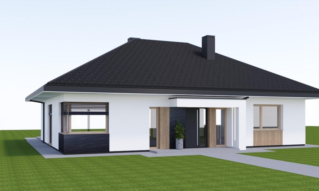 Wizualizacja parterowego domu jednorodzinnego z czarnym dachem dwuspadowym, białymi ścianami i antracytowymi elementami wykończeniowymi, zieleń trawnika w otoczeniu.