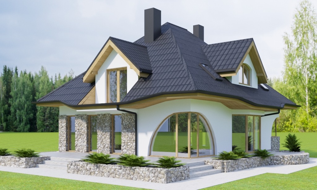 Wizualizacja domu jednorodzinnego z ciemną dachówką, białymi ścianami i kamiennymi elementami elewacji, otoczonego zielenią.
