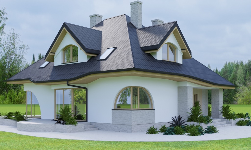 Wizualizacja dwupiętrowego domu z czarnym dachem, białymi ścianami i oknami o nietypowych kształtach, otoczonego zielenią.
