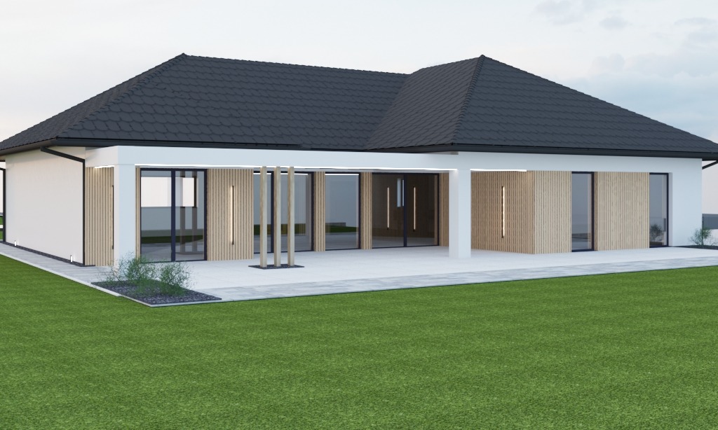 Wizualizacja nowoczesnego parterowego domu z płaskim dachem, białymi ścianami, drewnianymi panelami elewacyjnymi i dużymi przesuwnymi oknami wychodzącymi na taras.