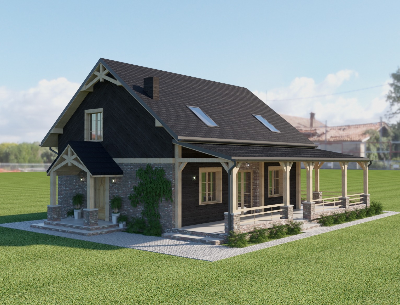 Wizualizacja domu jednorodzinnego z ciemną elewacją, werandą z drewnianymi kolumnami i kamienną podmurówką, widok z zewnątrz w słoneczny dzień.