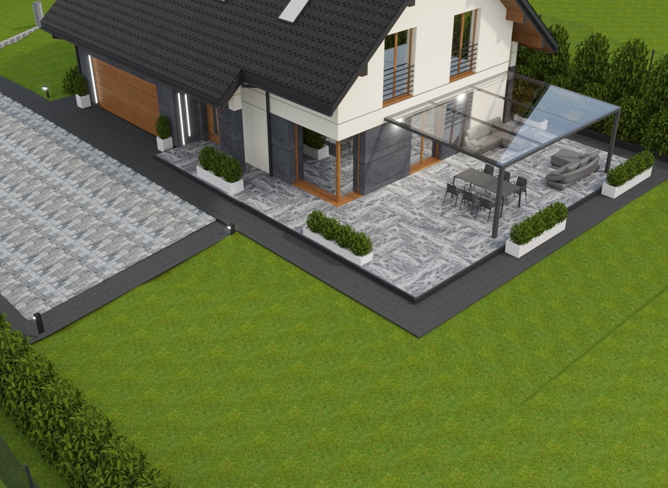 Wizualizacja domu jednorodzinnego z tarasem zadaszonym szklaną konstrukcją, meblami ogrodowymi i dekoracyjnymi roślinami w donicach, widok z góry.