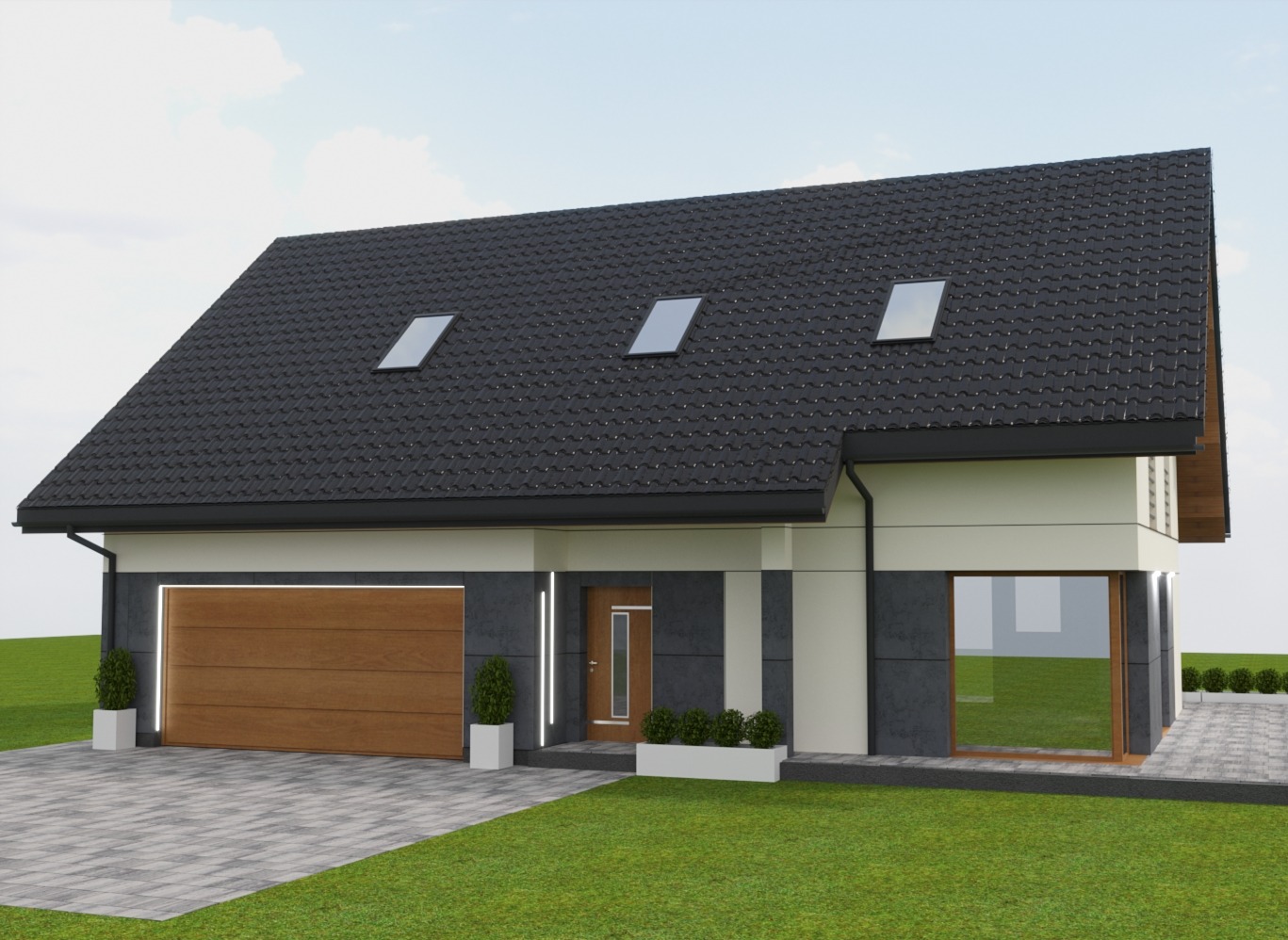 Wizualizacja nowoczesnego domu jednorodzinnego z grafitowym dachem z trzema oknami dachowymi, drewnianą bramą garażową i elewacją w odcieniach szarości i bieli, otoczonego trawnikiem i kostką brukową.