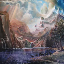 Pejzaż olejny przedstawiający górski krajobraz z wodospadami, jeziorem i sylwetkami jeleni na pierwszym planie, utrzymany w ciepłej kolorystyce z dominującymi odcieniami brązu, błękitu i zieleni.