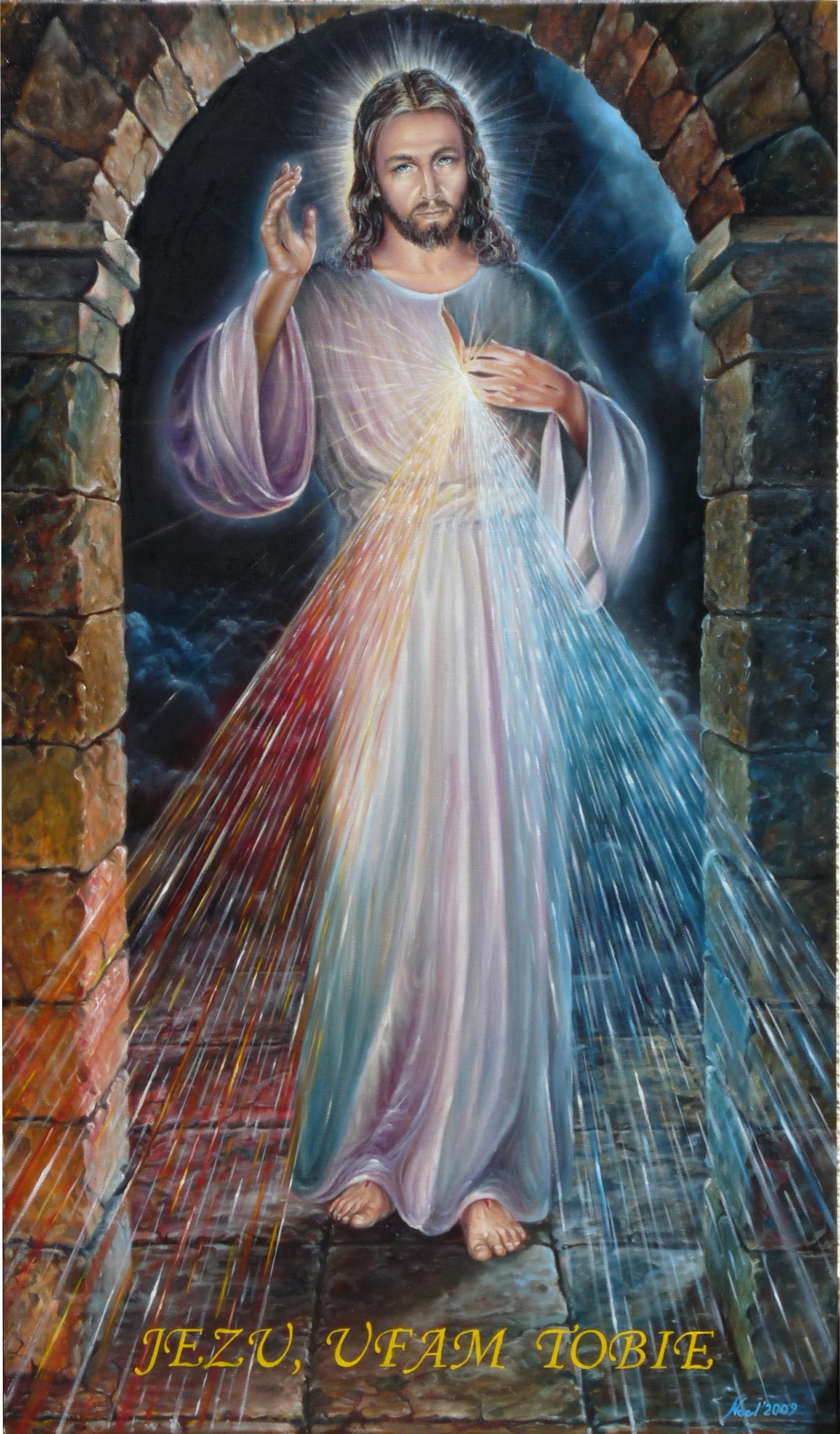 Obraz Jezusa Miłosiernego w kamiennym łuku, z promieniami czerwieni i błękitu emanującymi z serca, podpisany 'Jezu, ufam Tobie'.