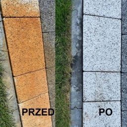 TimeToClean - Porównanie kostki brukowej przed i po czyszczeniu, widoczne różnice w kolorze i czystości, zarys trawnika po obu stronach.