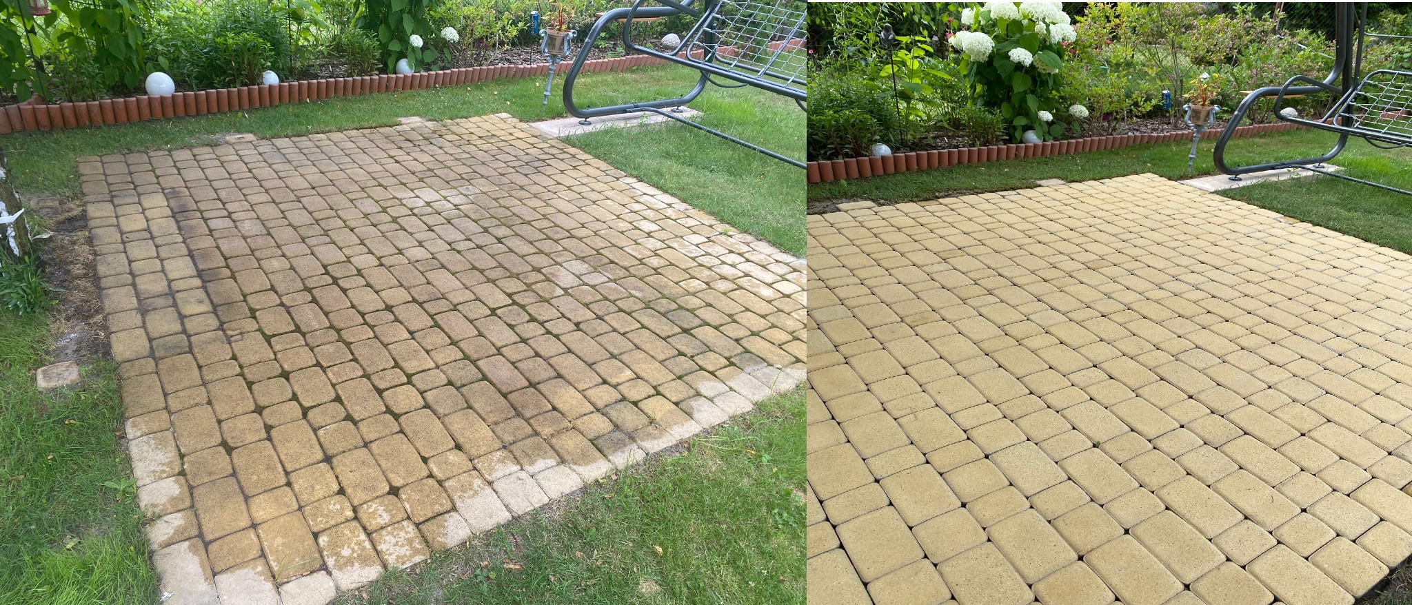 Porównanie: połowa kostki brukowej po czyszczeniu, druga połowa zabrudzona mchem i osadem, widoczne efekty mycia ciśnieniowego.