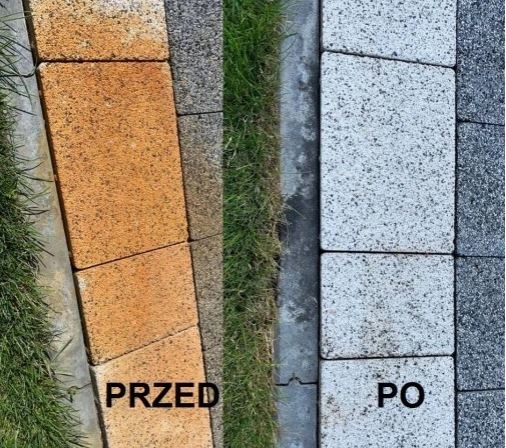 Porównanie kostki brukowej przed i po czyszczeniu, widoczne różnice w kolorze i czystości, zarys trawnika po obu stronach.