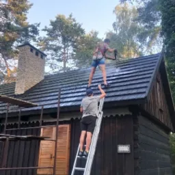 Dwóch mężczyzn czyści dach drewnianego domu za pomocą myjki ciśnieniowej, jeden na dachu, drugi na drabinie, w tle drzewa.