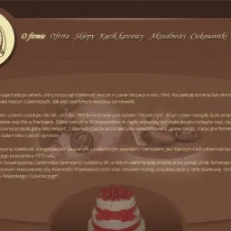 Zrzut ekranu strony internetowej cukierni 'Olczak i Syn' z brązową kolorystyką, logo w lewym górnym rogu, menu nawigacyjne u góry i tekstem 'O firmie' oraz opisem działalności cukierni, a także...