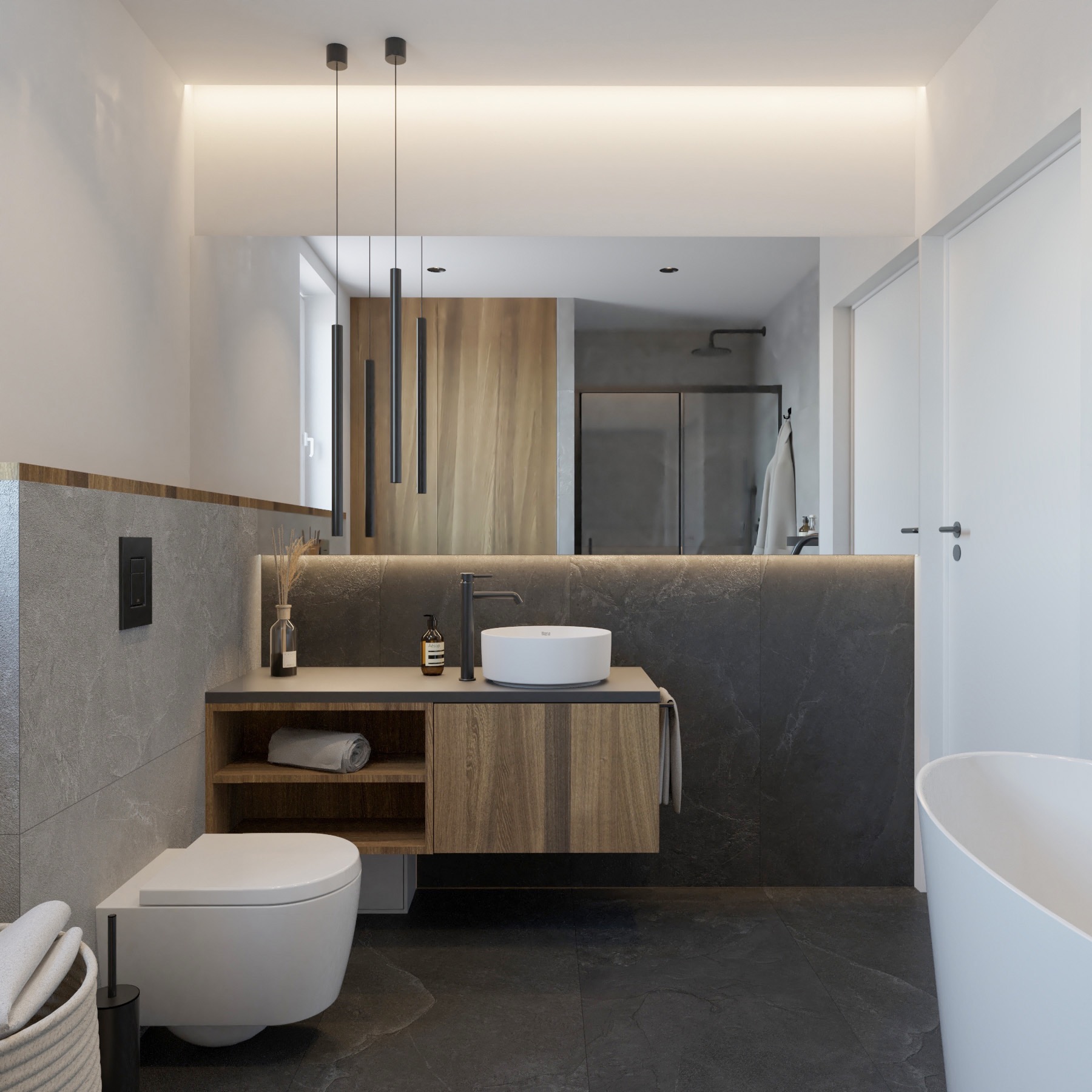 Nowoczesna łazienka z umywalką nablatową, podświetlanym lustrem, wiszącą toaletą i wanną wolnostojącą na tle szarych płytek imitujących kamień.