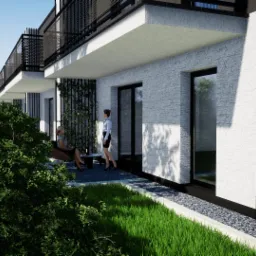 Wizualizacja balkonu w nowoczesnym apartamentowcu z elewacją w jasnym tynku strukturalnym, czarnymi ramami okiennymi i dekoracyjną zielenią pnącą, dwie kobiety na balkonie.