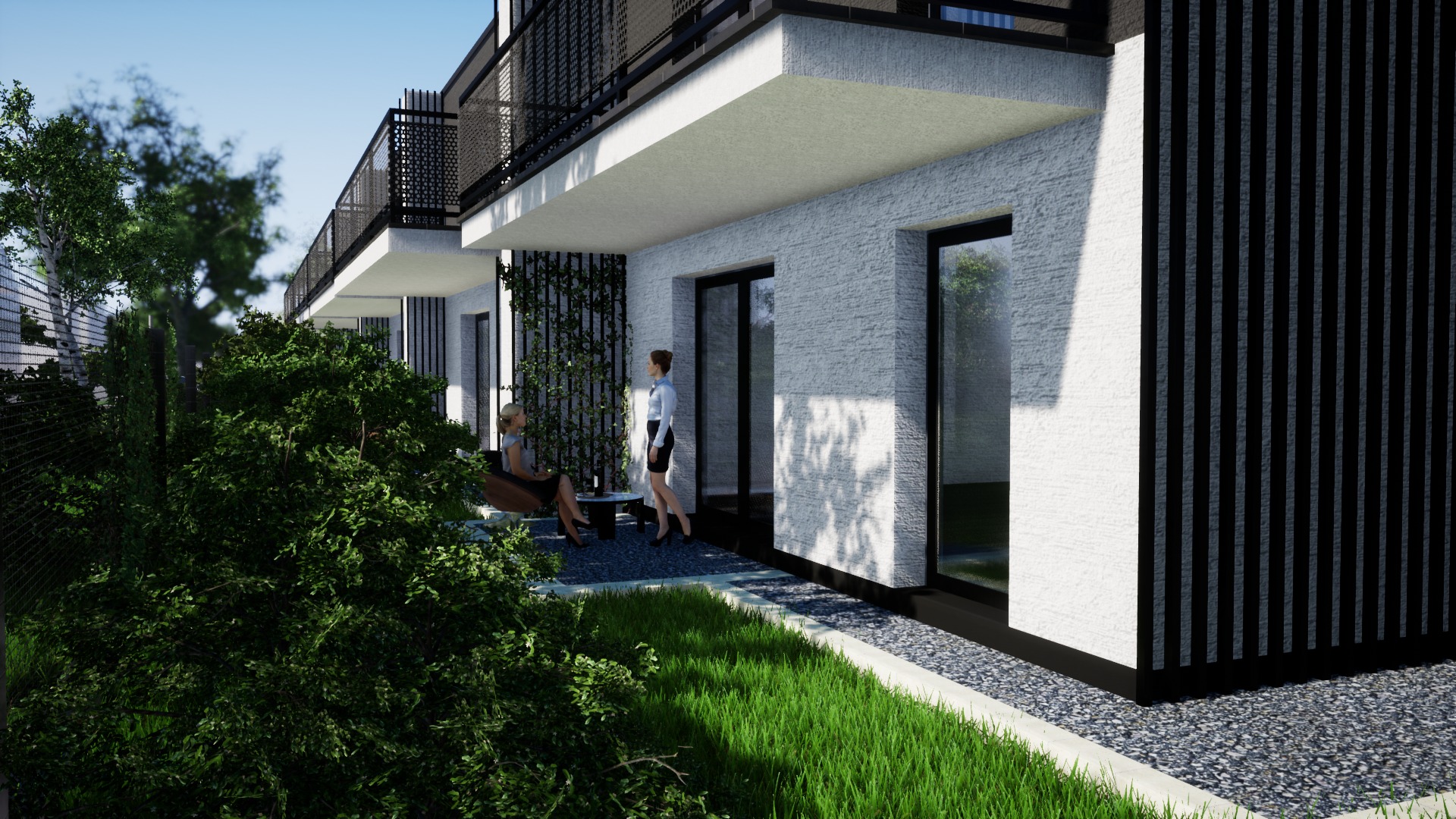 Wizualizacja balkonu w nowoczesnym apartamentowcu z elewacją w jasnym tynku strukturalnym, czarnymi ramami okiennymi i dekoracyjną zielenią pnącą, dwie kobiety na balkonie.