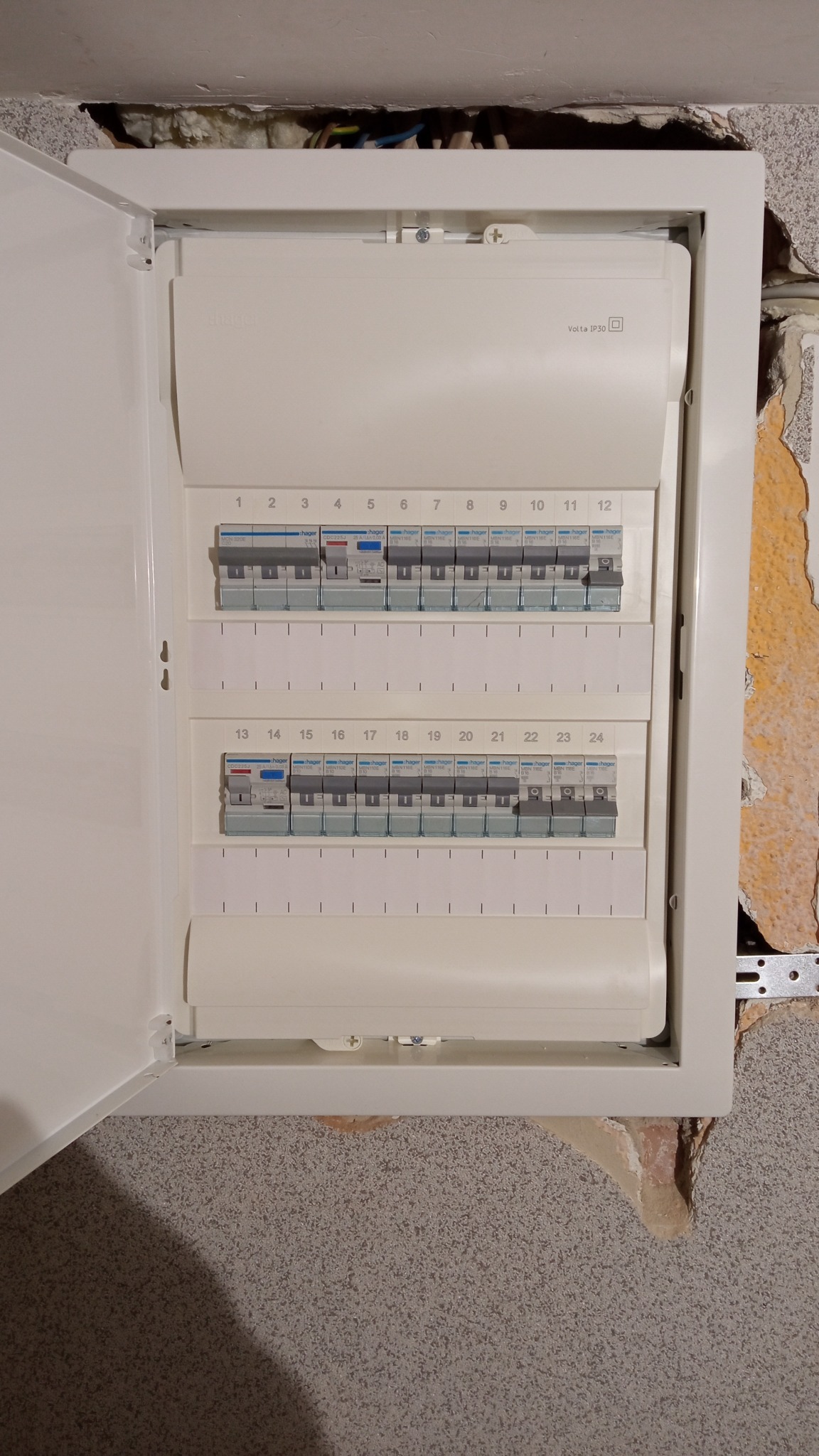 Otwarta skrzynka elektryczna Hager Volta IP30 z zainstalowanymi bezpiecznikami, widoczne przewody w ścianie powyżej, ściana z widocznymi śladami montażu.