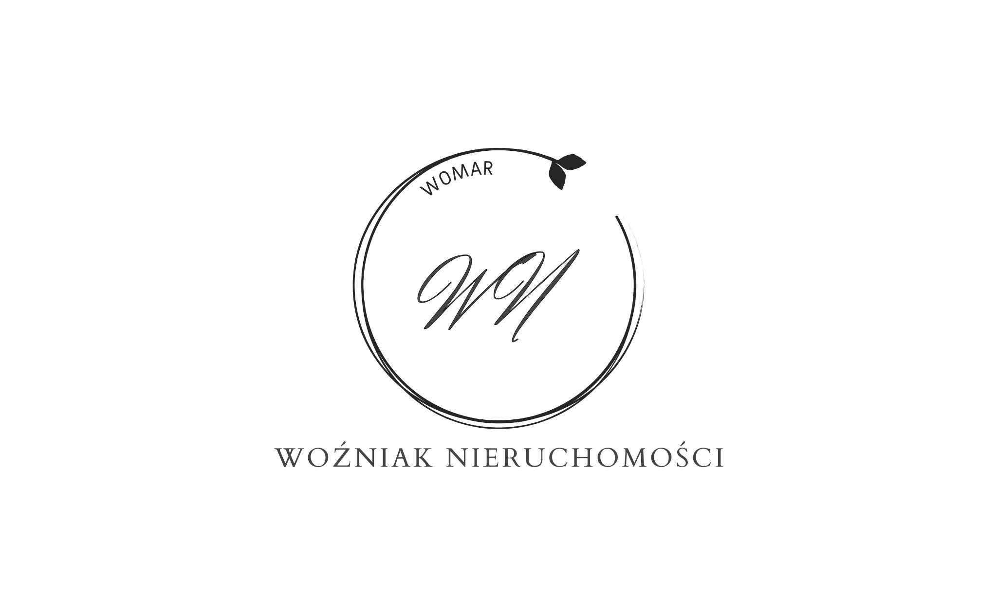Eleganckie logo firmy Woźniak Nieruchomości z inicjałami WM w okręgu ozdobionym listkami, minimalistyczny design.