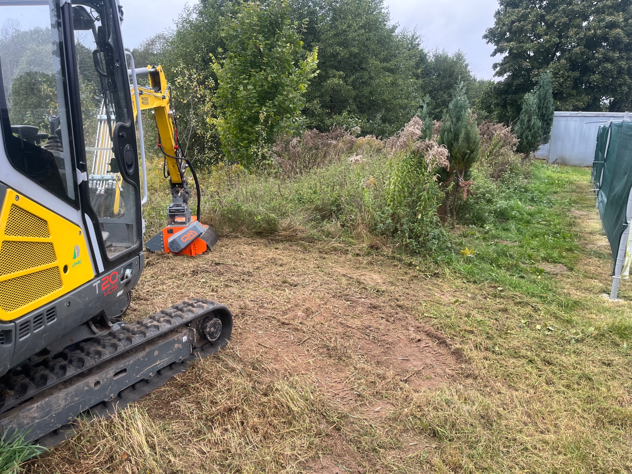 Żółto-szara frezarka do pni drzew na gąsienicach, w trakcie pracy na zarośniętym terenie, z widocznymi śladami po frezowaniu i pozostałościami roślinności.