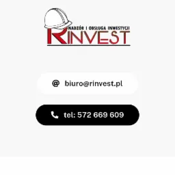 Logo firmy RINVEST z białą kaskiem budowlanym, adresem e-mail biuro@rinvest.pl i numerem telefonu 572 669 609 na białym tle.