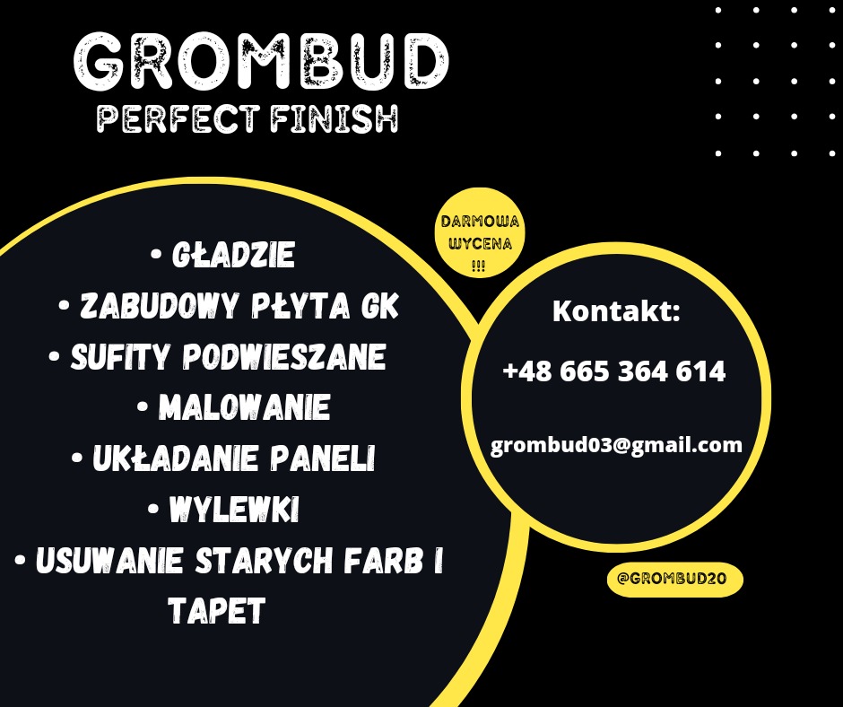 Grafika reklamowa firmy remontowej Grombud Perfect Finish, oferującej gładzie, zabudowy z płyt GK, sufity podwieszane, malowanie, układanie paneli, wylewki i usuwanie starych farb i tapet. Zawiera...