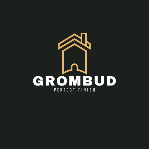 Logo firmy budowlanej GROMBUD z minimalistycznym symbolem domu w kolorze złotym i napisem PERFECT FINISH na ciemnym tle.
